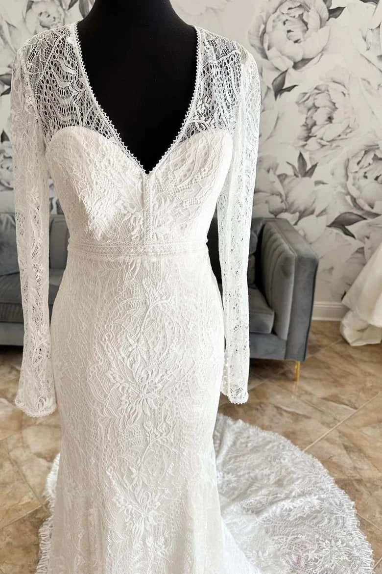 Robe de mariée sirène en dentelle, col en V, dos lacé, manches longues
